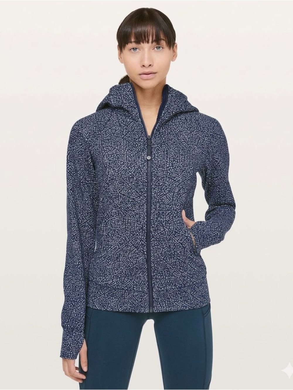 LULULEMON SCUBA HOODIE Navy Blue White Speckled Hooded Jacket Cotton Size 8